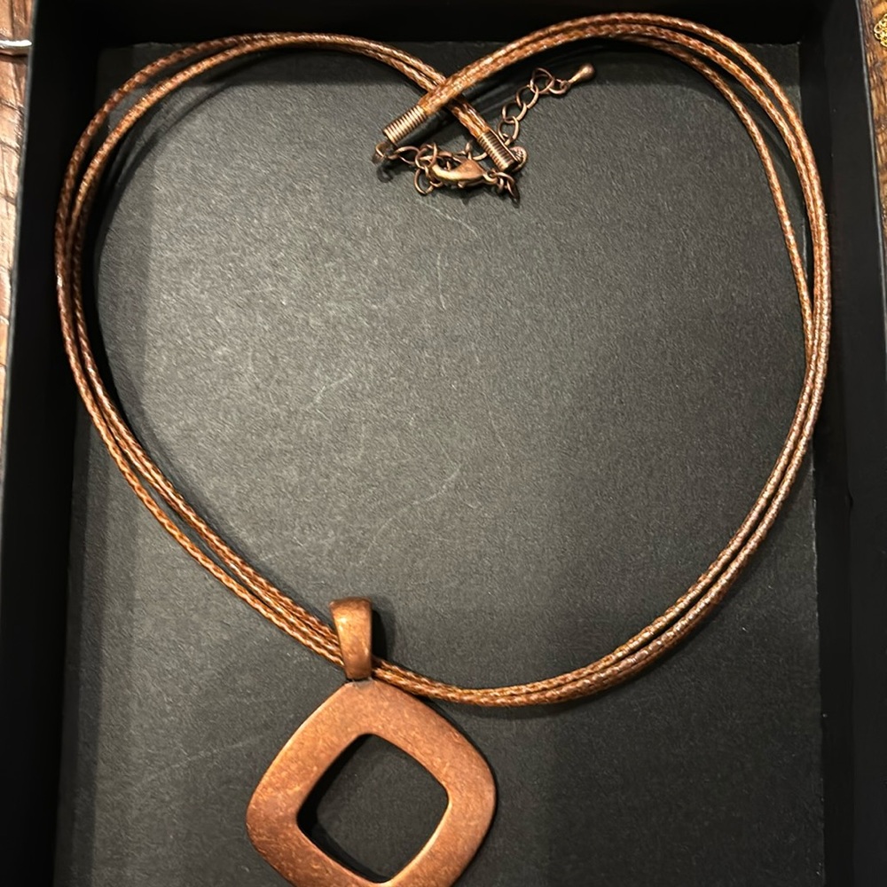 Premier Designs Crown PD Bronze Pendant Necklace Brown Rope Diamond Square Shape